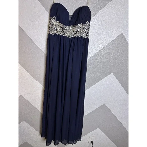 sequin hearts navy blue dress Sequin Hearts Dresses | New ~ Sequin Hearts Navy Strapless Long Pleated Evening Dress Size 11 *Msrp | Color: Blue | Size: 11